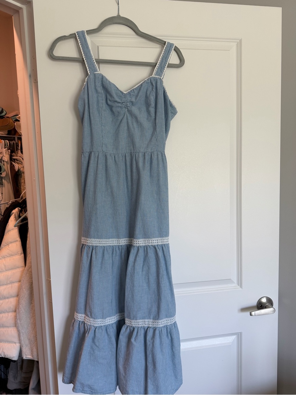 Celebrity Pink Light Blue Tiered Maxi Sundress with Lace Trim
